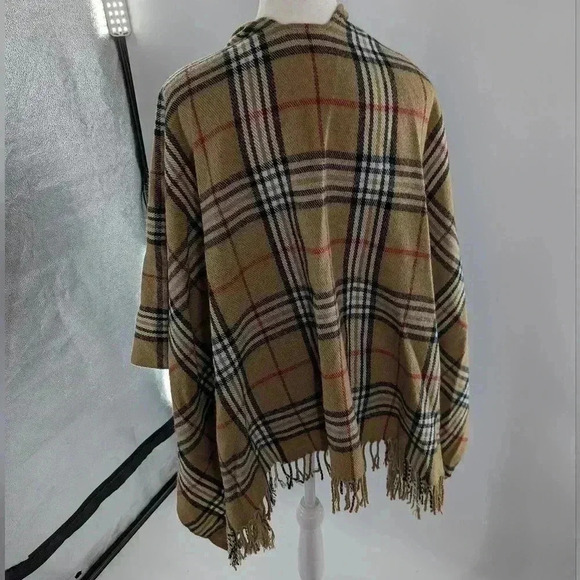 V.Fraas Womens Cape One Size Tan Black Plaid Open Front Wrap Shawl Layer - Picture 5 of 8